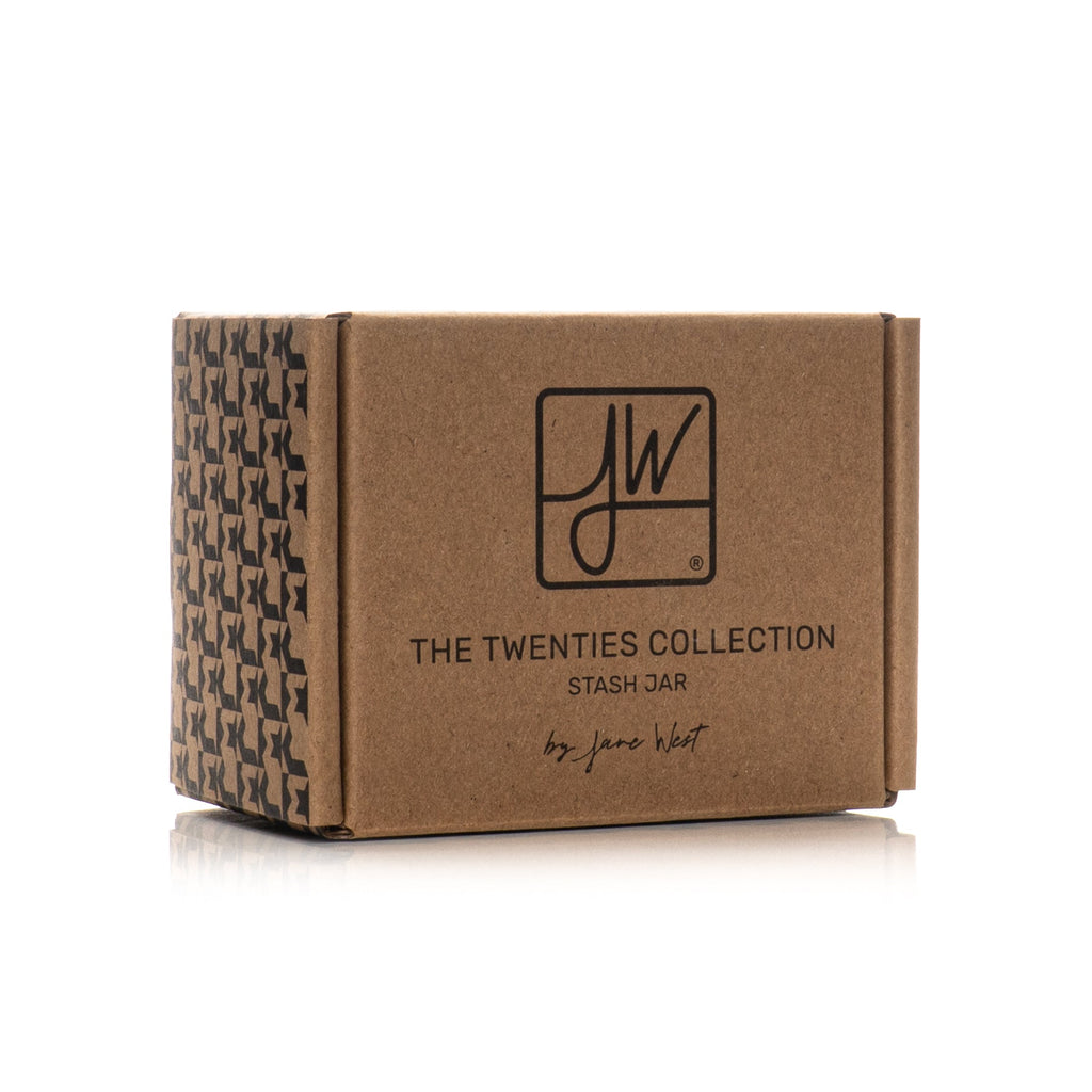 Brown cardboard box with patterned side and 'JW' logo, labeled 'The Twenties Collection Stash Jar by Jane Wiser'.