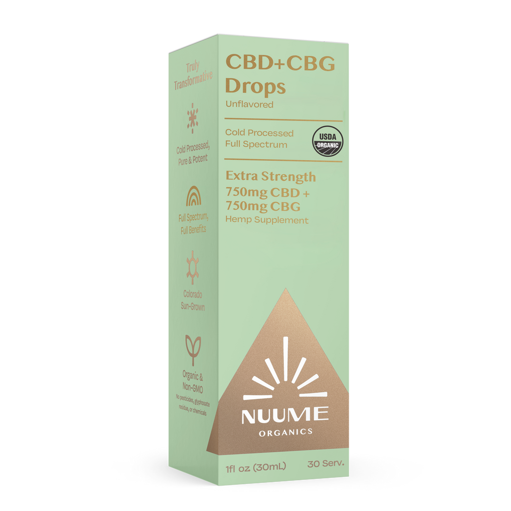 Box of Nuume Organics CBD+CBG Drops on a white background