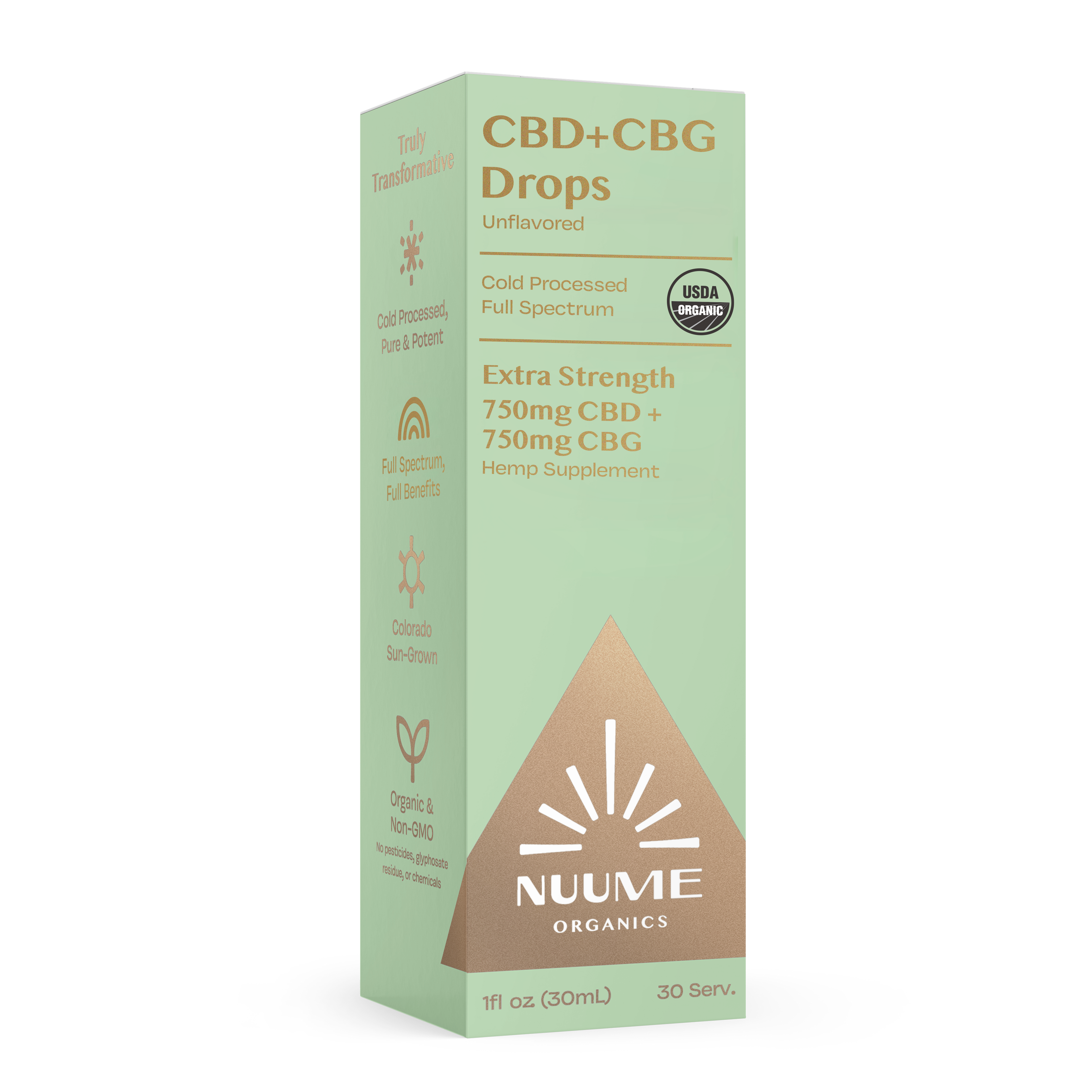 Box of Nuume Organics CBD+CBG Drops on a white background