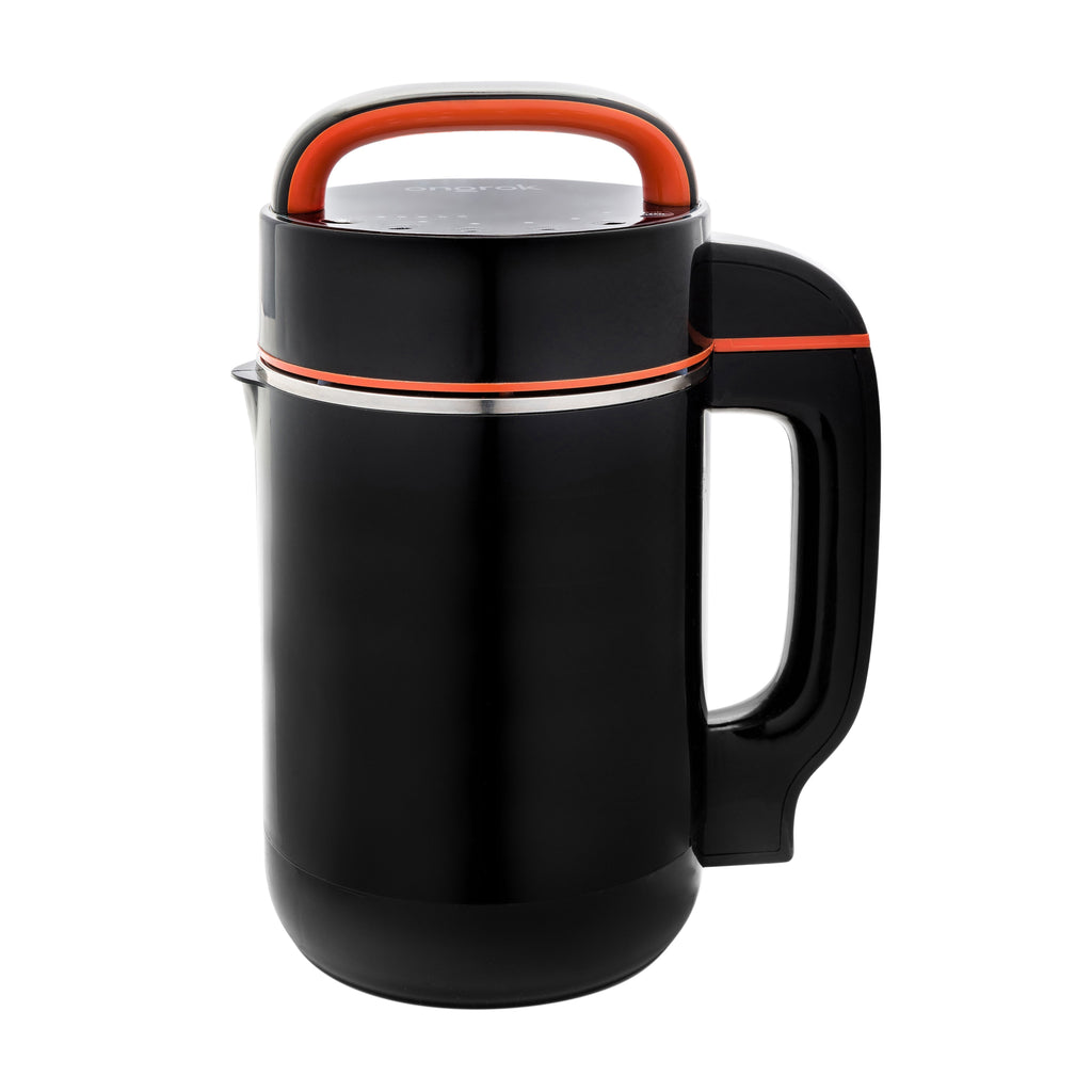 Black mug with orange accents on a white background