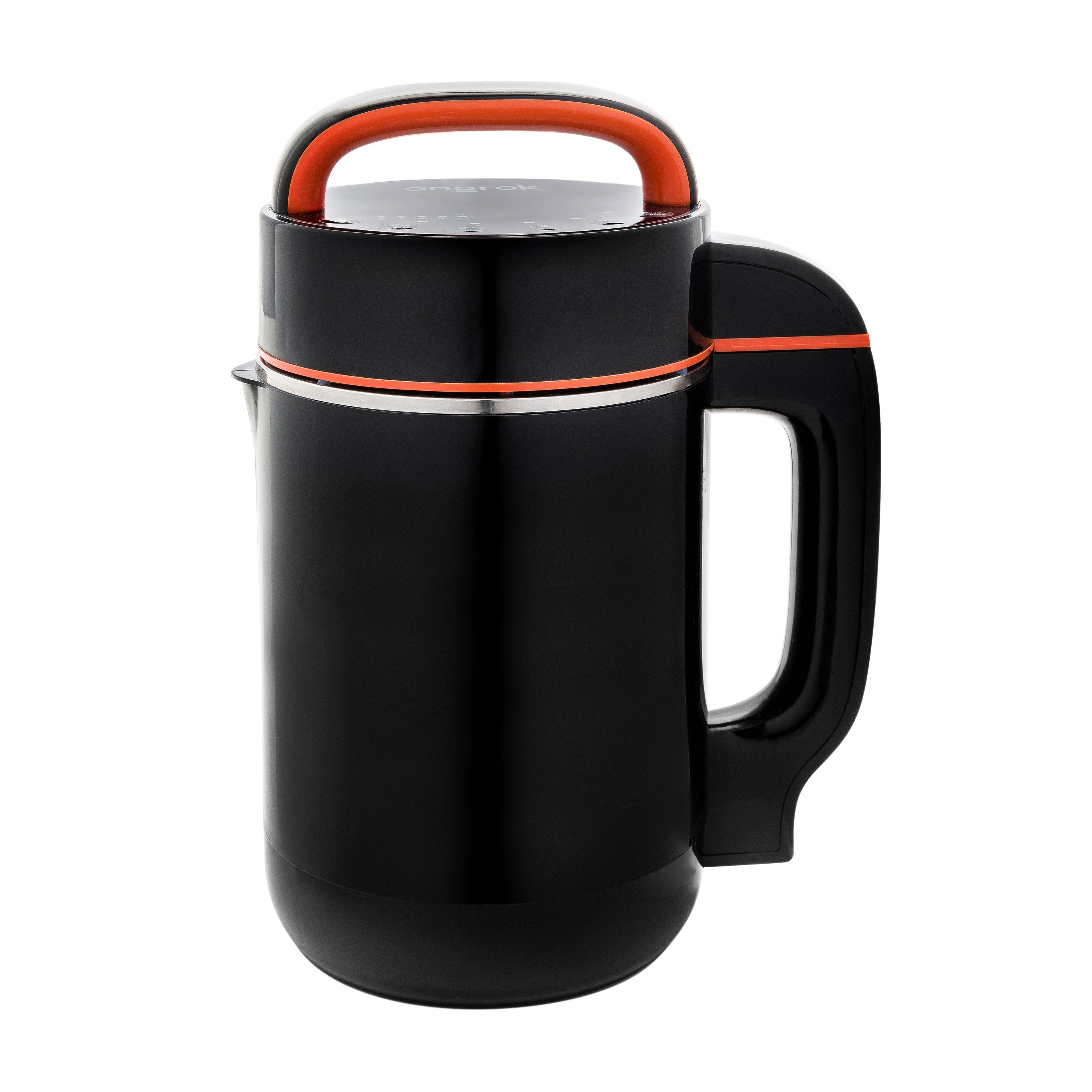 Black mug with orange accents on a white background
