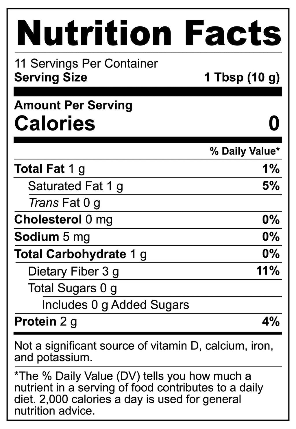 Nutrition facts label for a product with 0 calories per serving