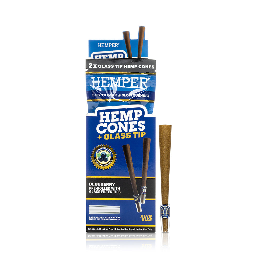 Hemper Hemp Cones packaging with glass tips on a white background 2pk blueberry