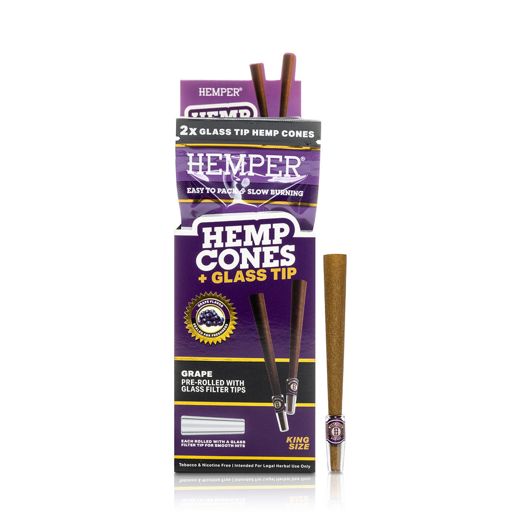 Hemper Hemp Cones packaging with glass tips on a white background. Grape 2pk