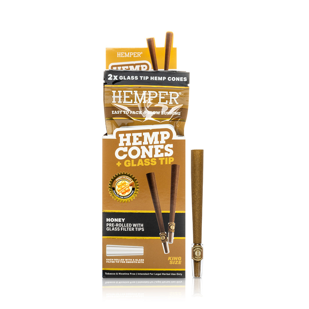 Hemp cones packaging with glass tips on a white background. Honey 2pk