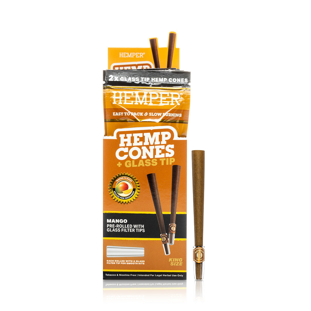 Pack of Hemper Hemp Cones with glass tips on a white background. Mango 2pk