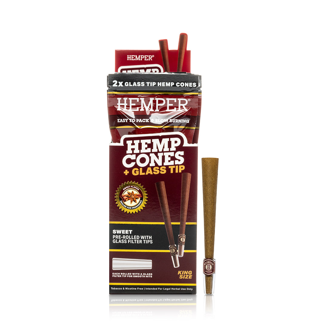 Hemper Hemp Cones packaging with glass tips on a white background. Sweet 2pk