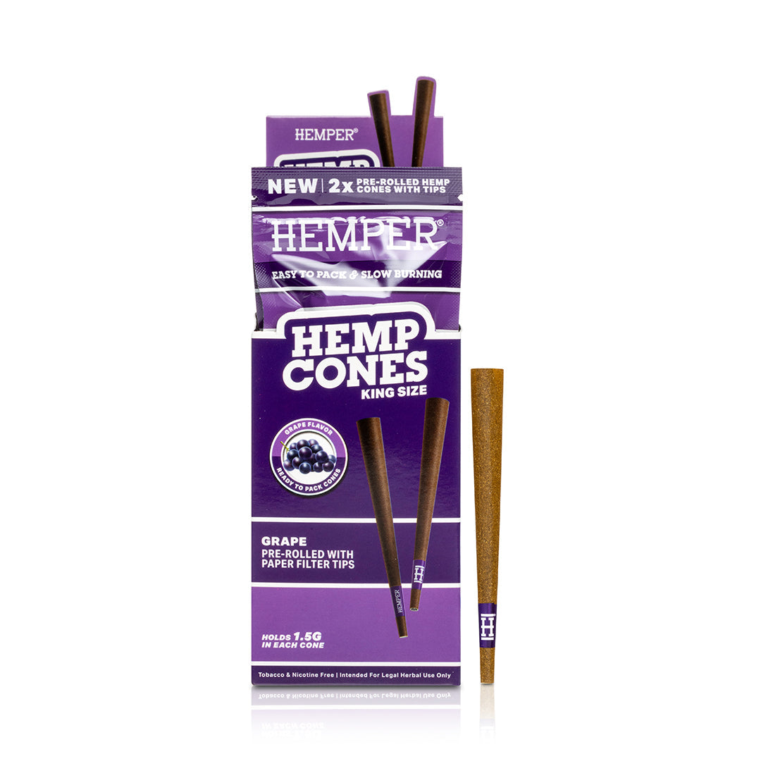 Hemp cones packaging with purple and white design on a white background. 2pj grape