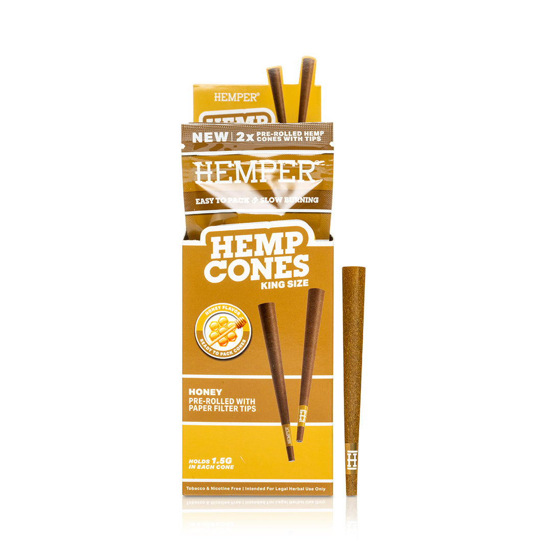 Pack of Hemper Hemp Cones with pre-rolled hemp cones on a white background (2pk) honey