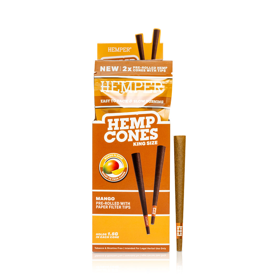 Box of Hemp Cones with mango flavor on a white background 2pk