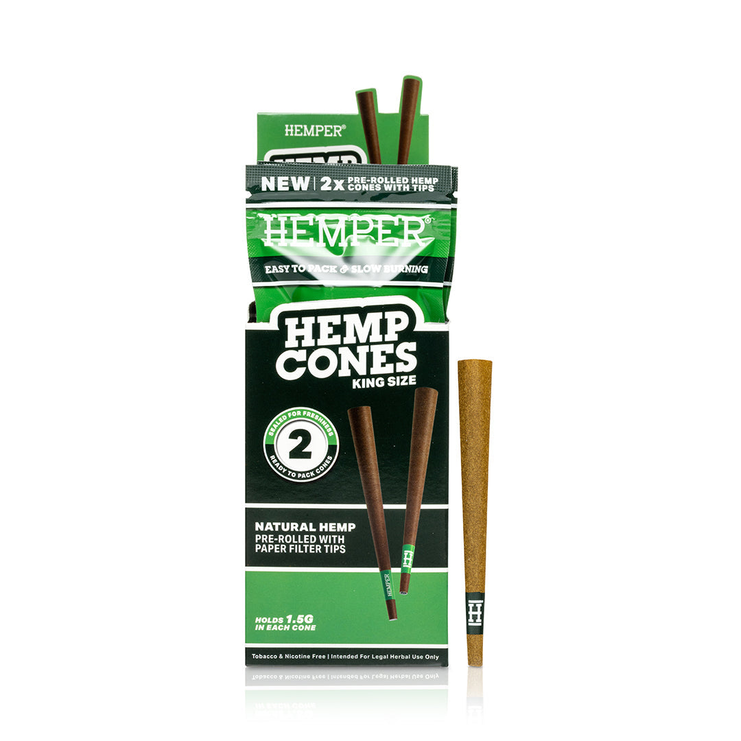 Hemp cones packaging with green and black design on a white background (2pk)