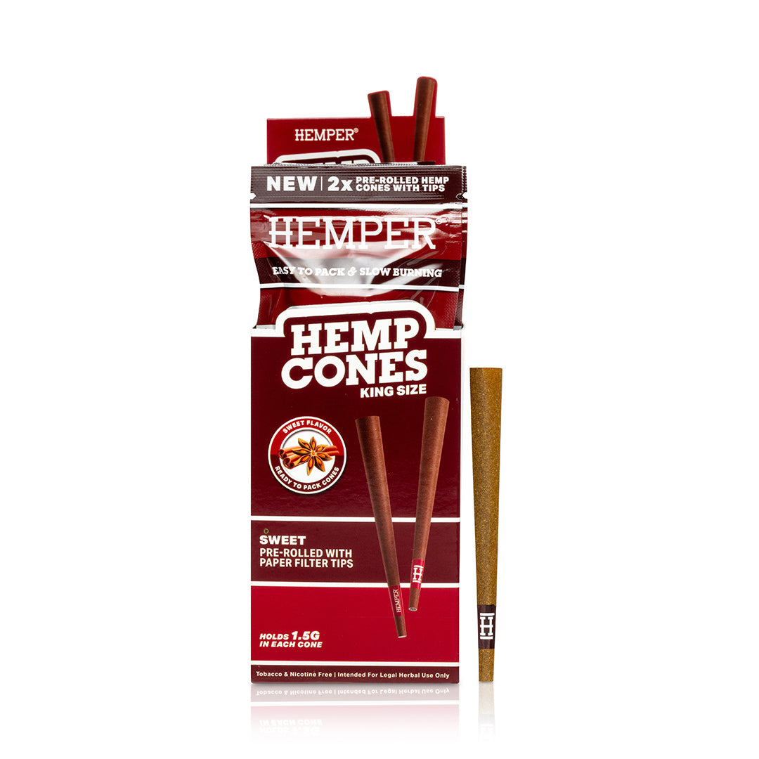 Hemp cones packaging with red and white design on a white background. Sweet 2pk