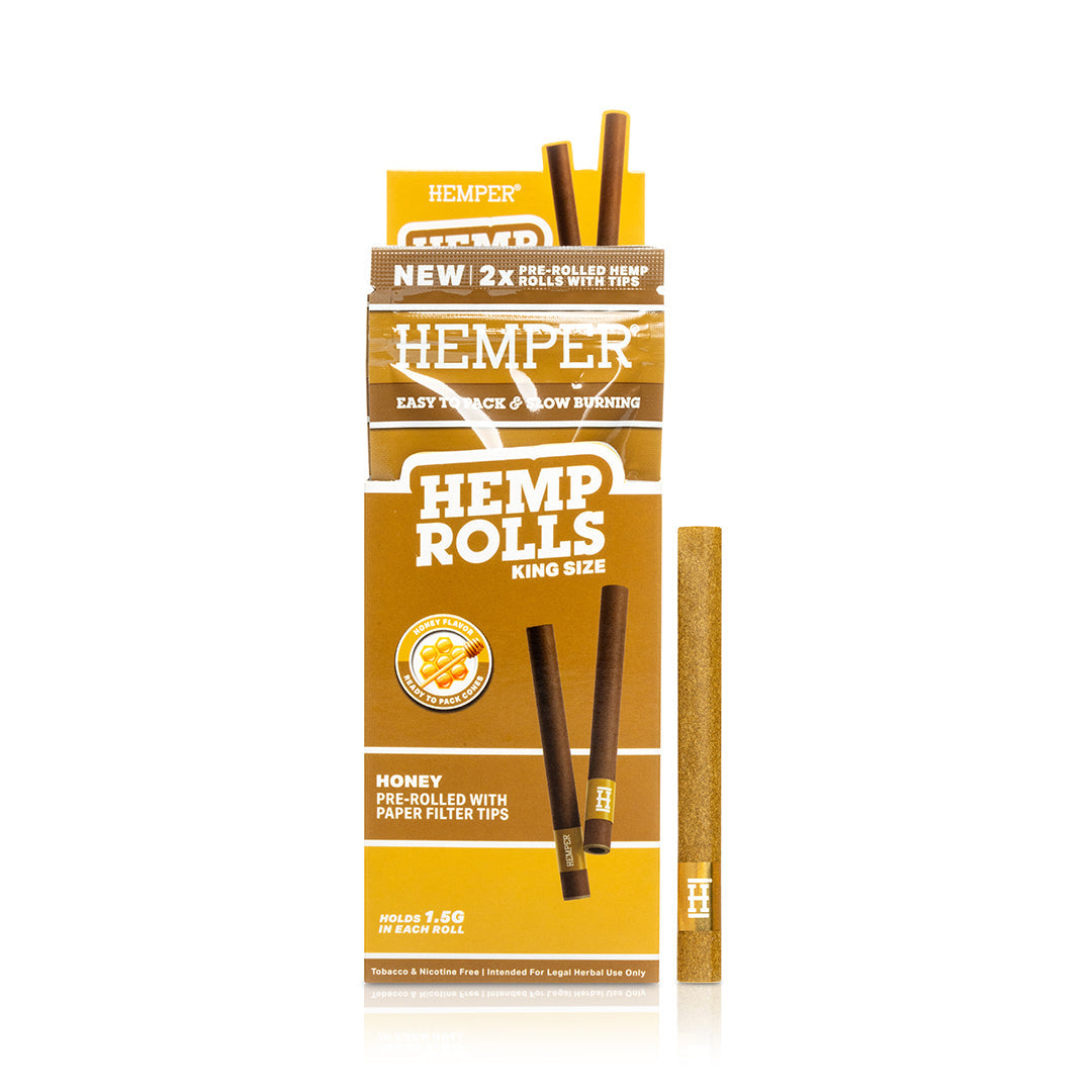 Hemper Hemp Rolls packaging with two pre-rolled joints on a white background honey 2pk