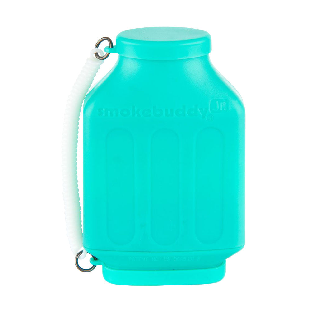 Turquoise water bottle with a carrying strap on a white background. Personal Air Filter