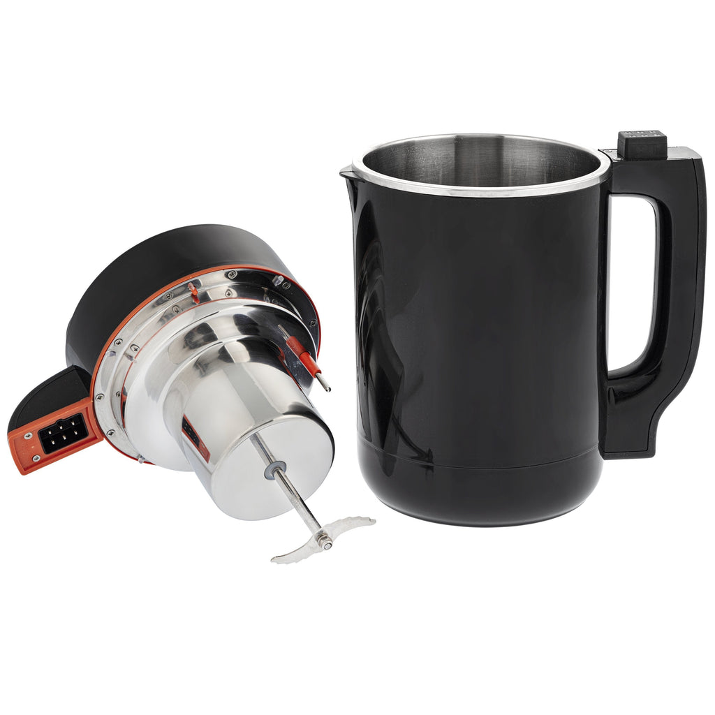 Black electric coffee grinder with a metallic grinder head on a white background