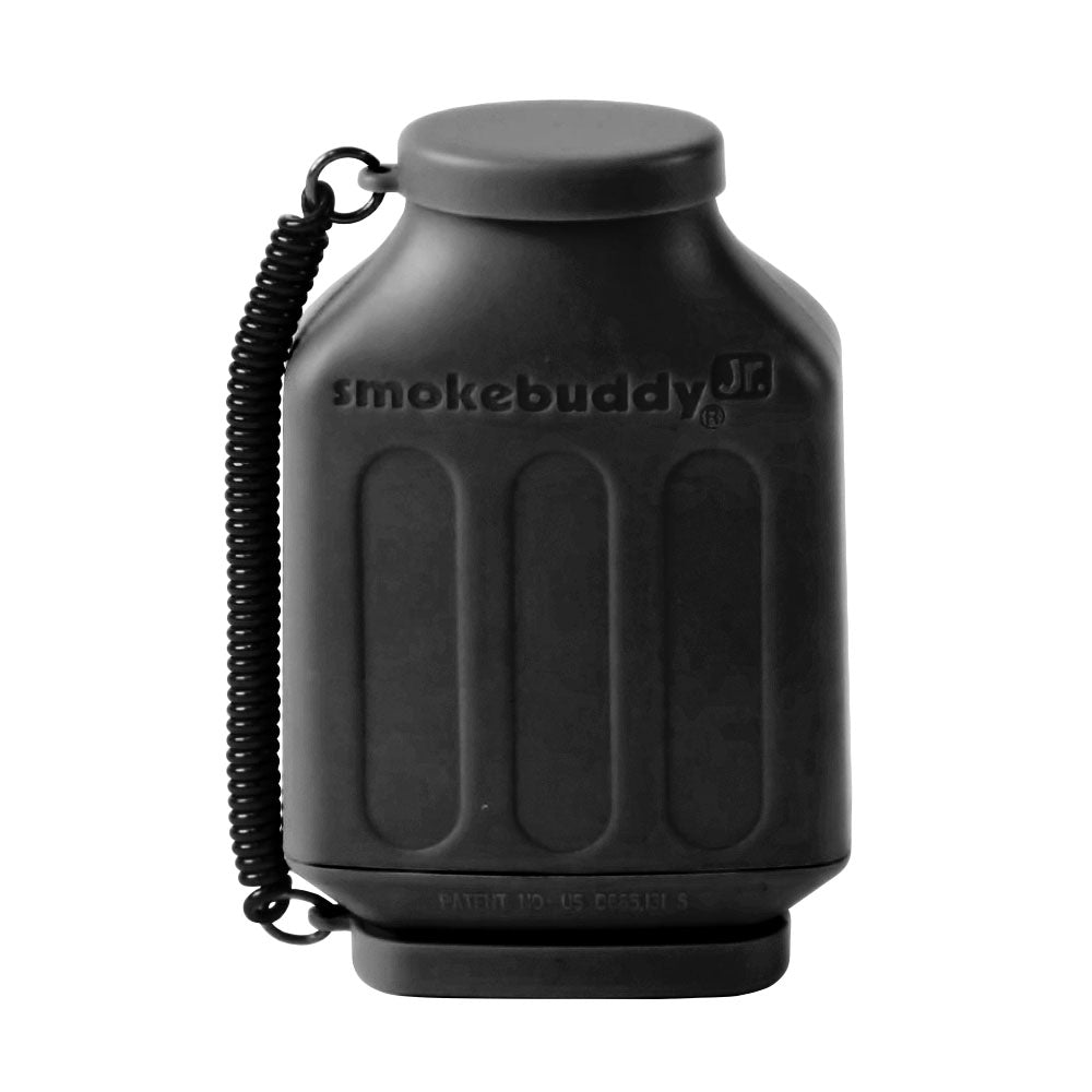 Black smokebuddy device with a coiled hose on a white background Personal Air Filter