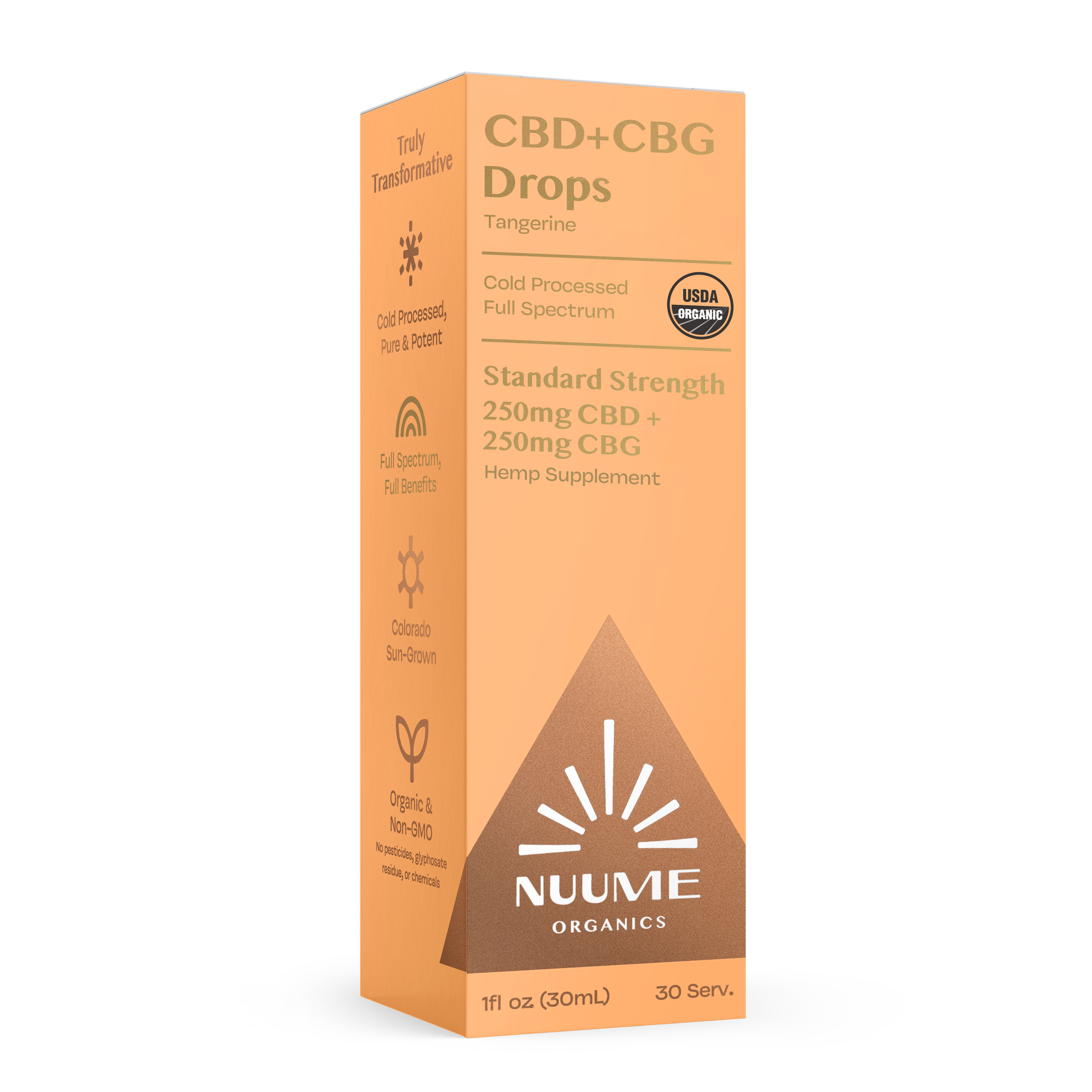 Box of Nuume Organics CBD+CBG Drops on a white background