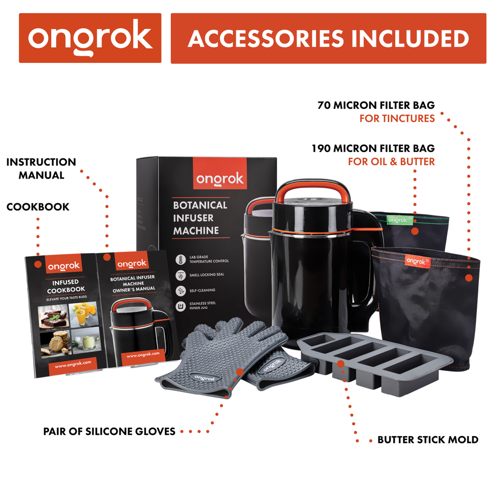 Ongrok botanical infuser machine accessories including filter bags, cookbook, gloves, mold, and more.