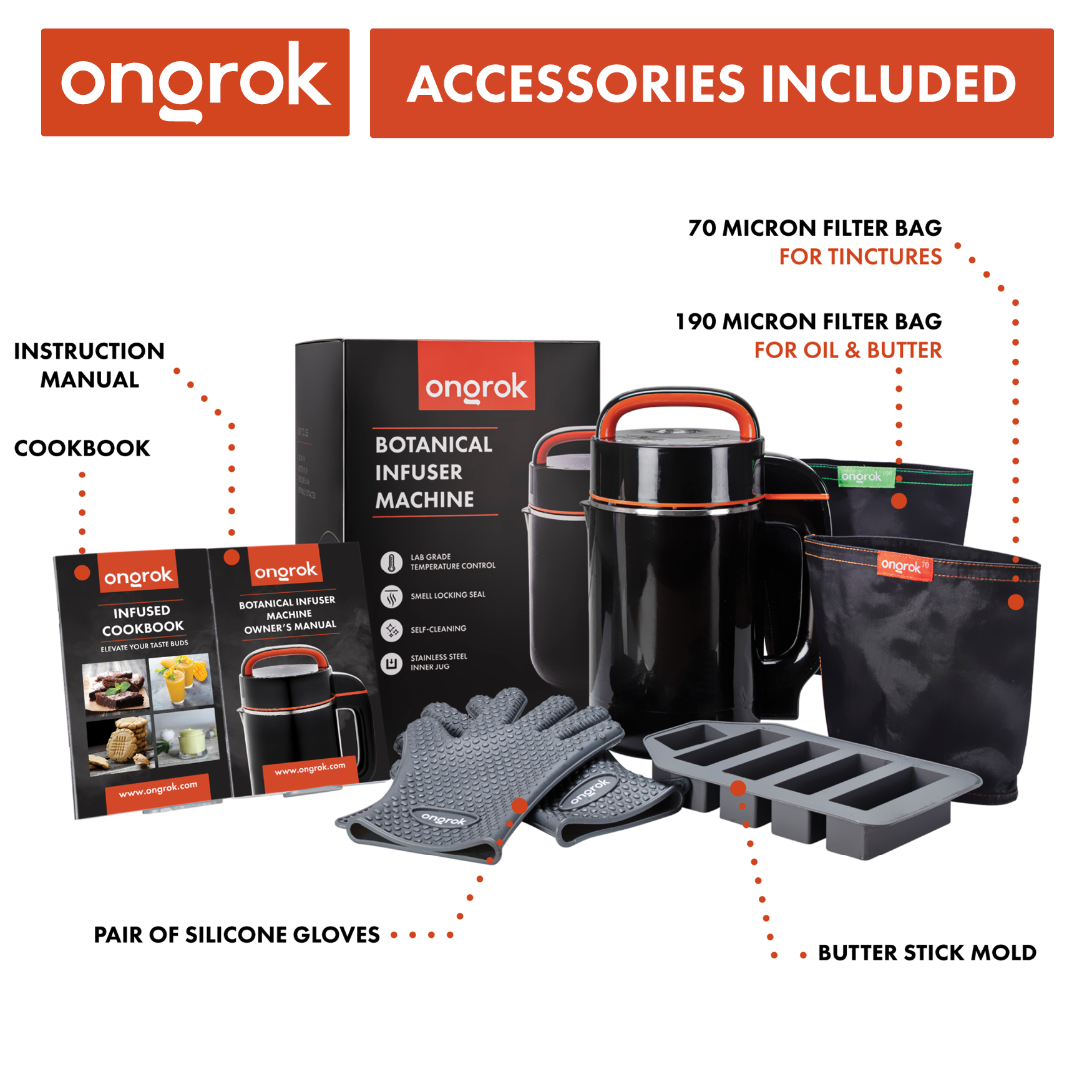 Ongrok botanical infuser machine accessories including filter bags, cookbook, gloves, mold, and more.