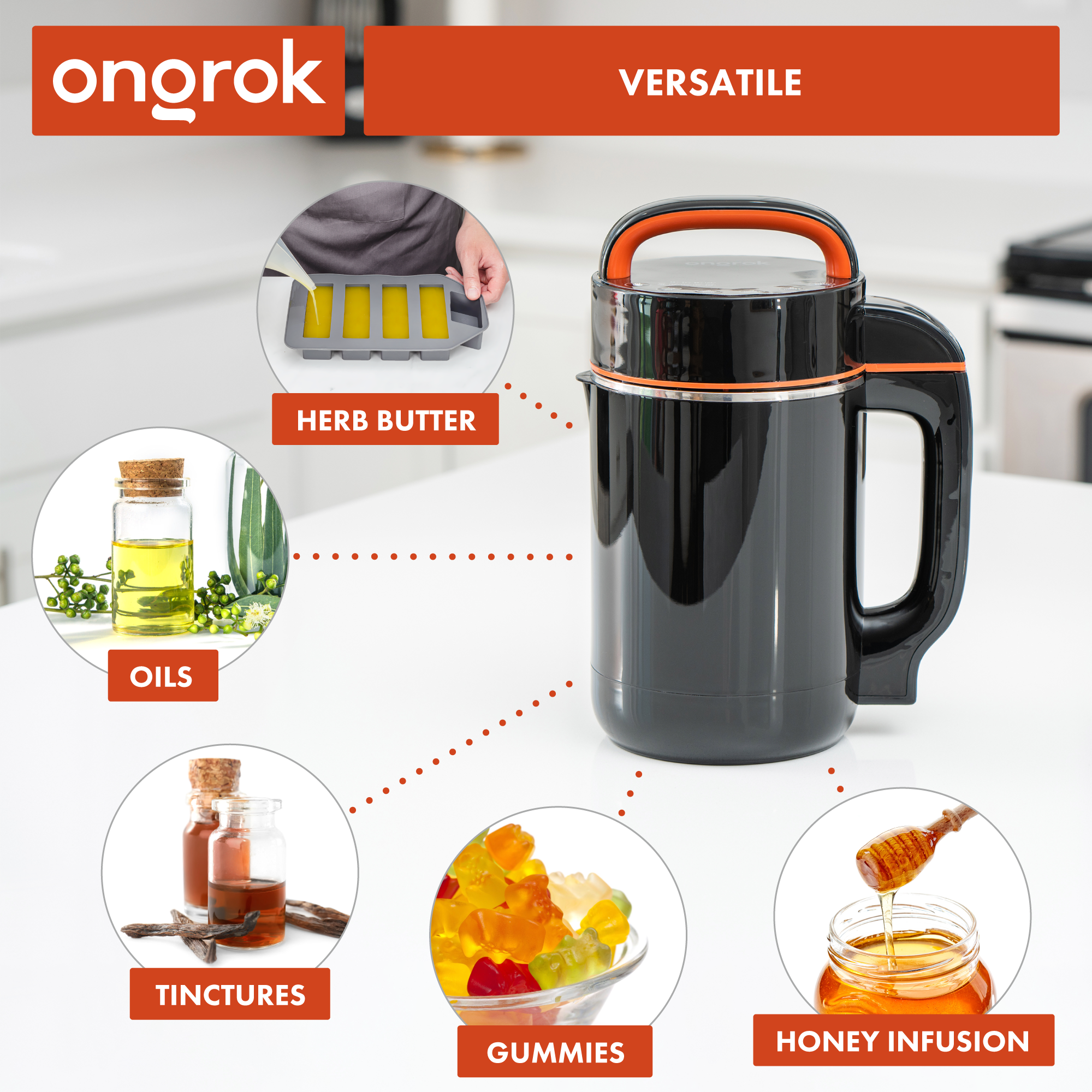 Black and orange kitchen appliance with various uses on a white background, featuring the brand 'ongrok'.
