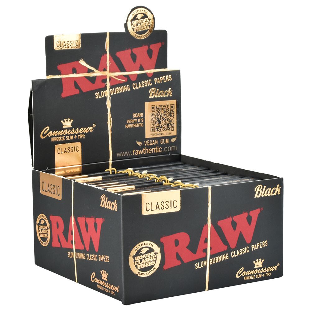 RAW Black Connoisseur Rolling Papers + Tips • King Size Slim • Display • Case of 24 • $2.66 per pack