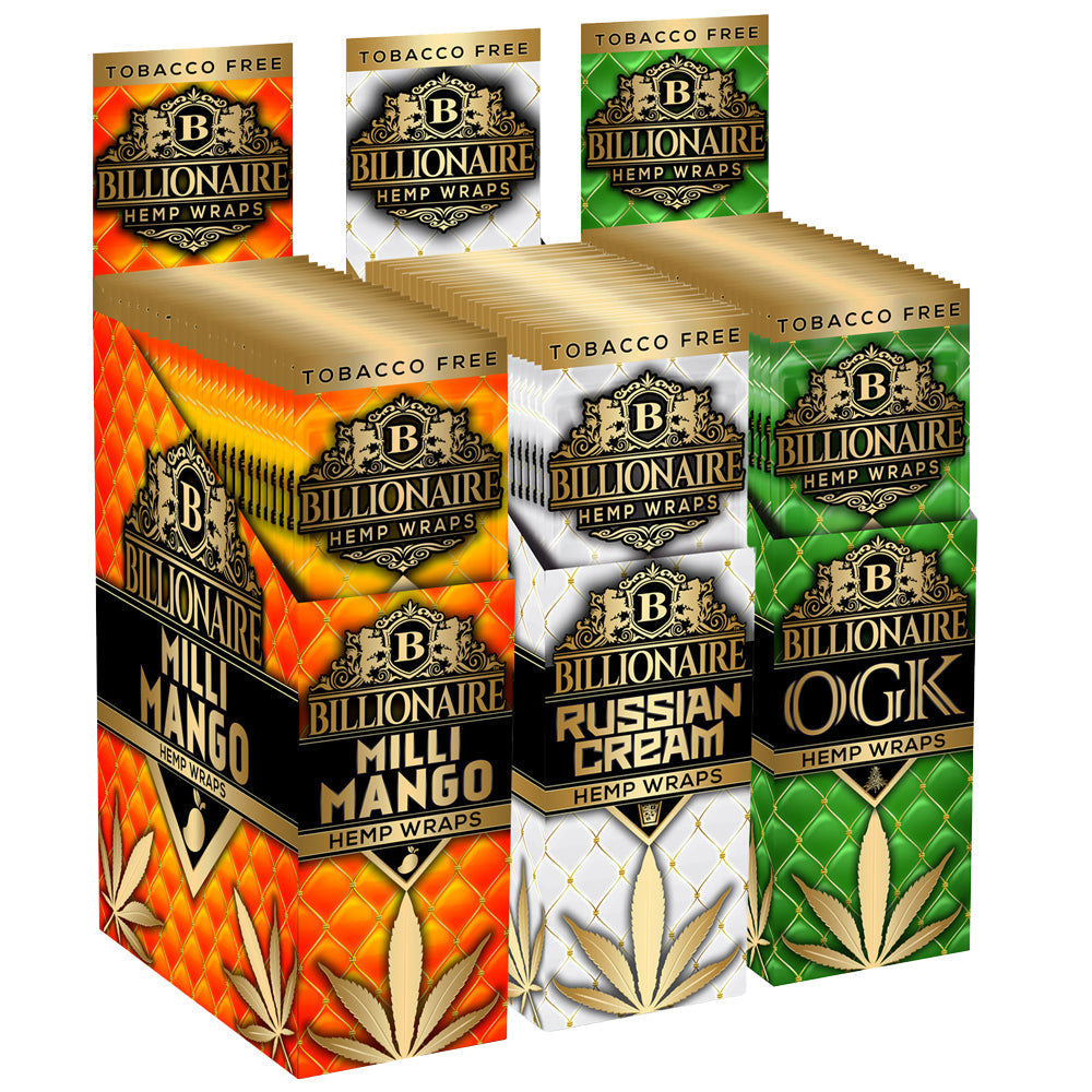 Various boxes of Billionaire Hemp Wraps in different flavors on a white background
