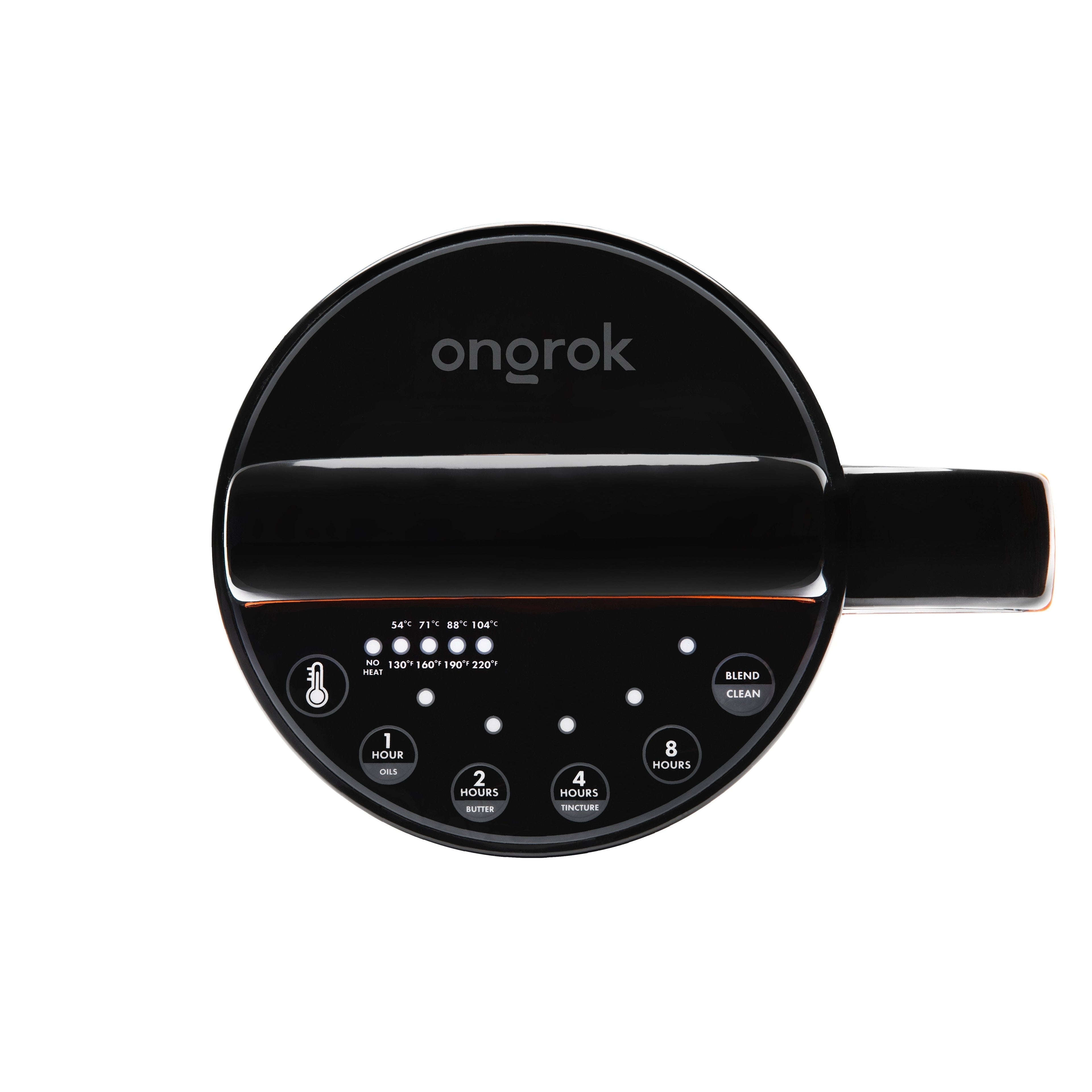 Black kitchen appliance with digital display and control buttons on a white background, branded 'ongrok'.