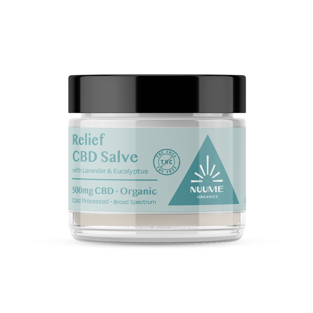 Jar of Relief CBD Salve with Nuvee branding on a white background