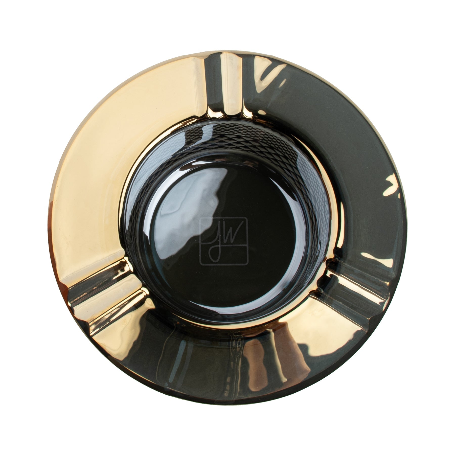 top view of gold decorative item with a brand logo on a white background