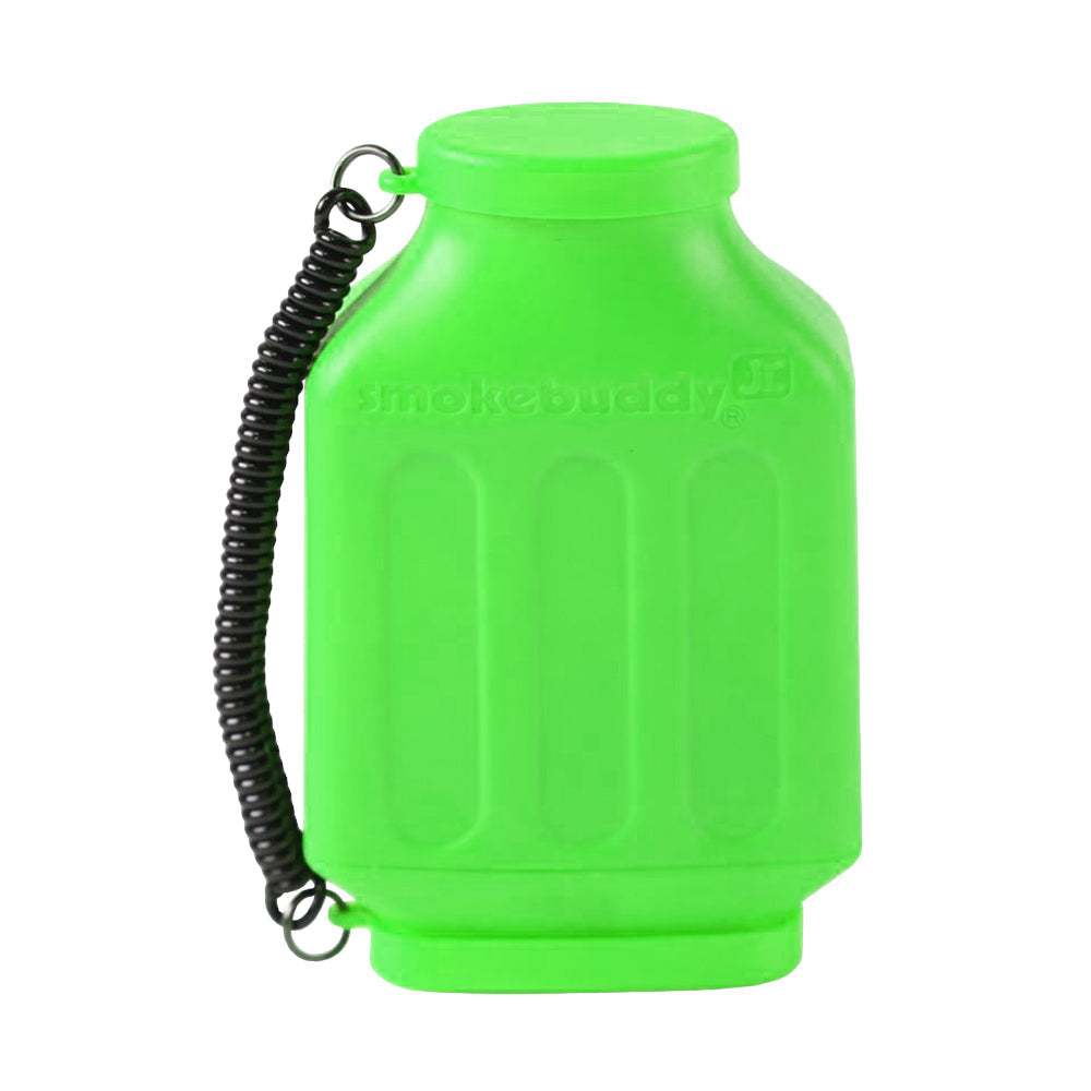 Green smokebuddy air filter with coiled hose on a white background. Personal Air Filter
