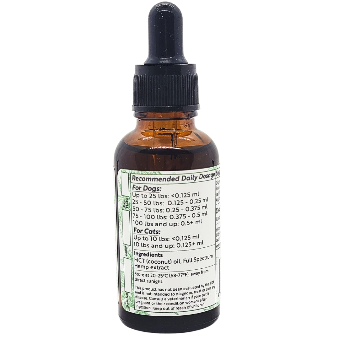 Amber glass bottle with dropper labeled for pet use on a white background