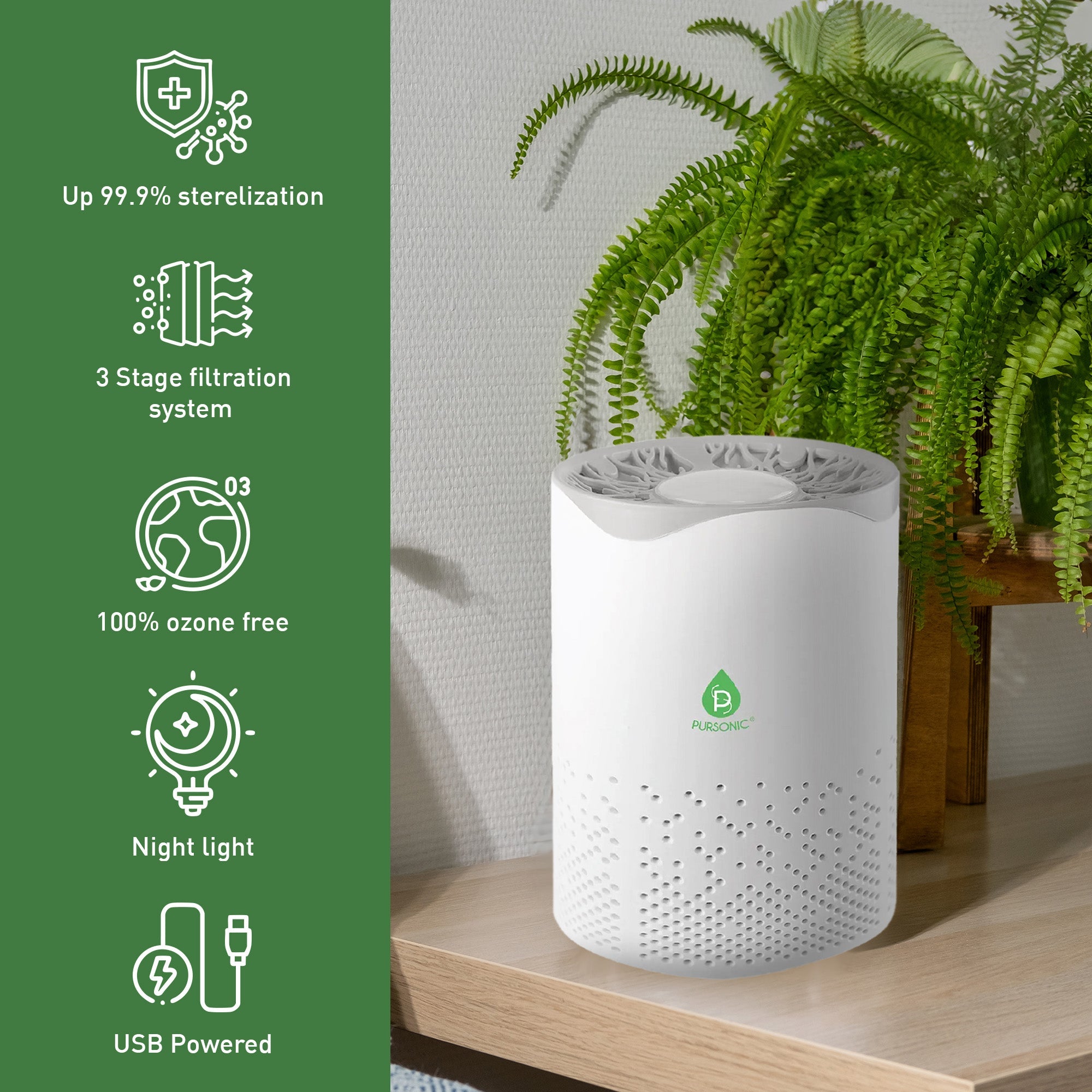 White air purifier on a wooden surface with green plant, features listed on the left.