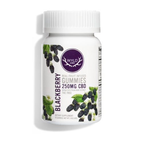 Wyld CBD gummies container with blackberry flavor on a white background