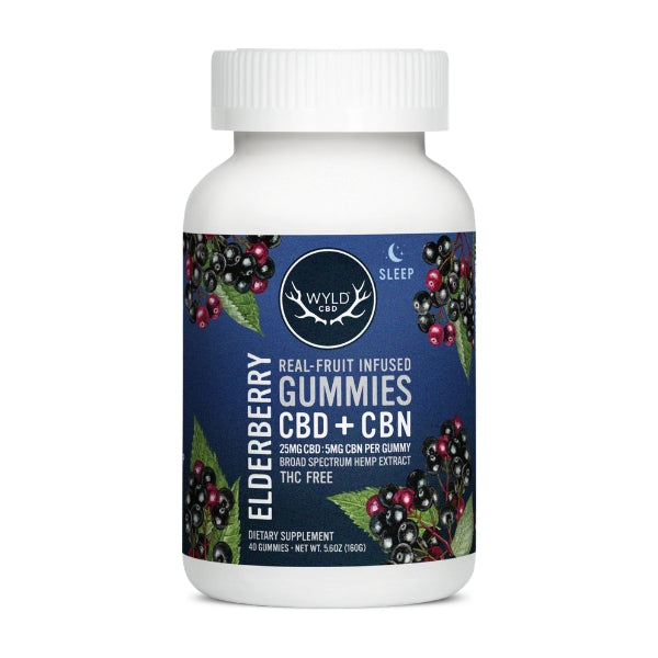 Bottle of Wyld Elderberry Real-Fruit Infused Gummies CBD + CBN on a white background