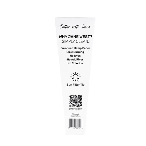Product label for Jane West European Hemp Paper with text and a QR code on a white background. 2pk day