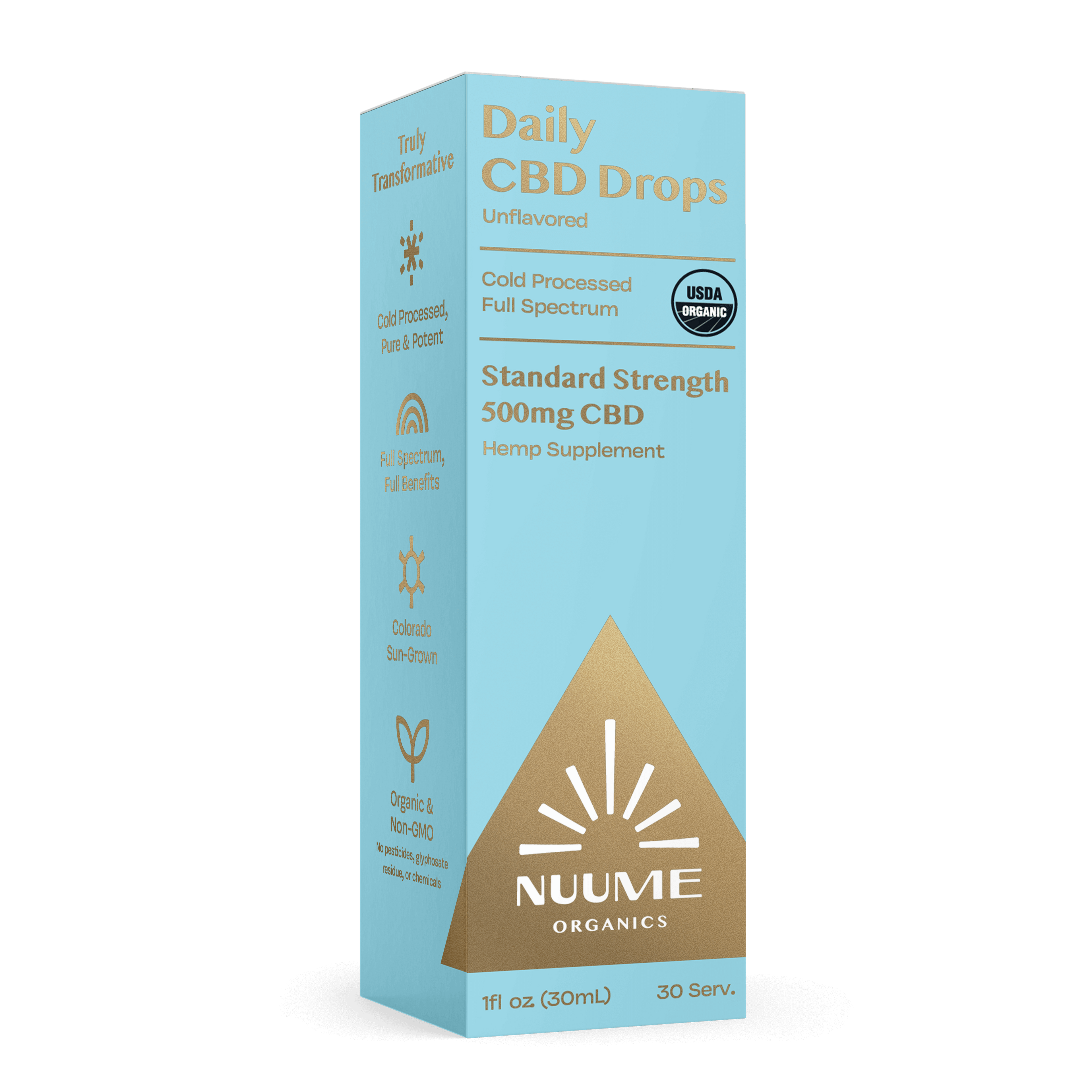 Box of Nuume Organics Daily CBD Drops on a white background