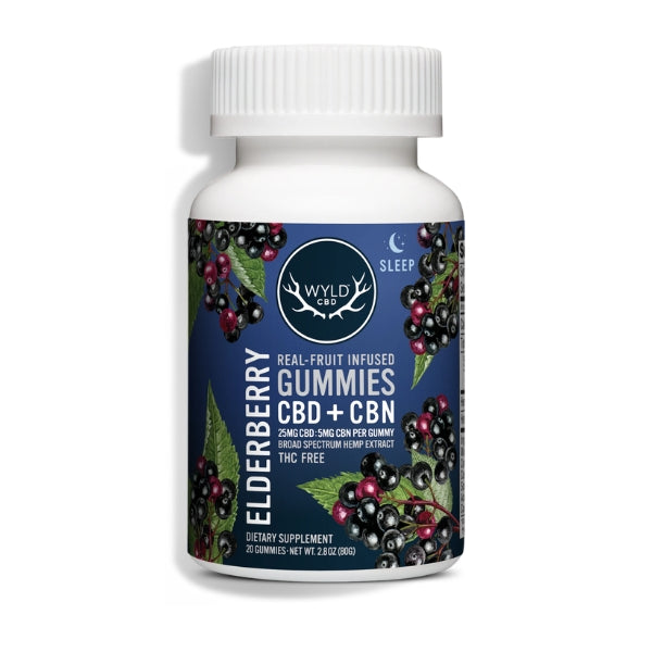 Bottle of Wyld CBD CBN Elderberry Gummies on a white background