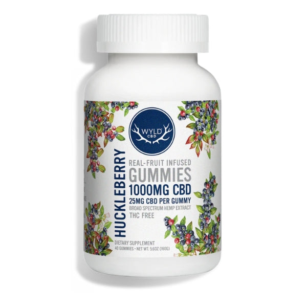 Bottle of Wyld Huckleberry CBD gummies on a white background
