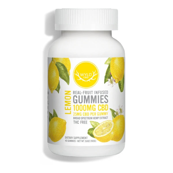 Bottle of lemon-flavored CBD gummies with visible branding on a white background