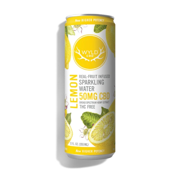 Wyld CBD lemon sparkling water can on a white background