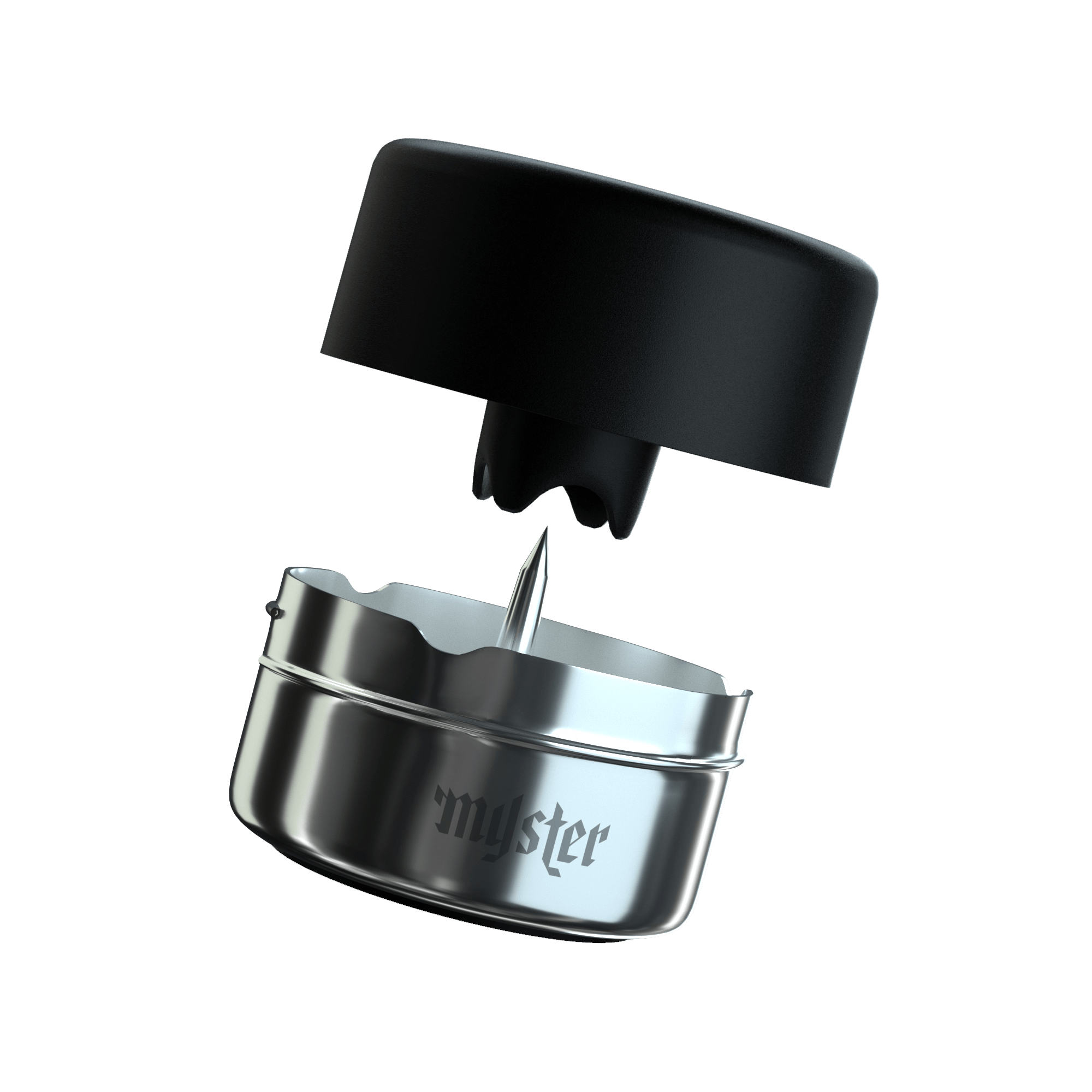 Black and silver ashtray with 'myster' branding on a transparent background