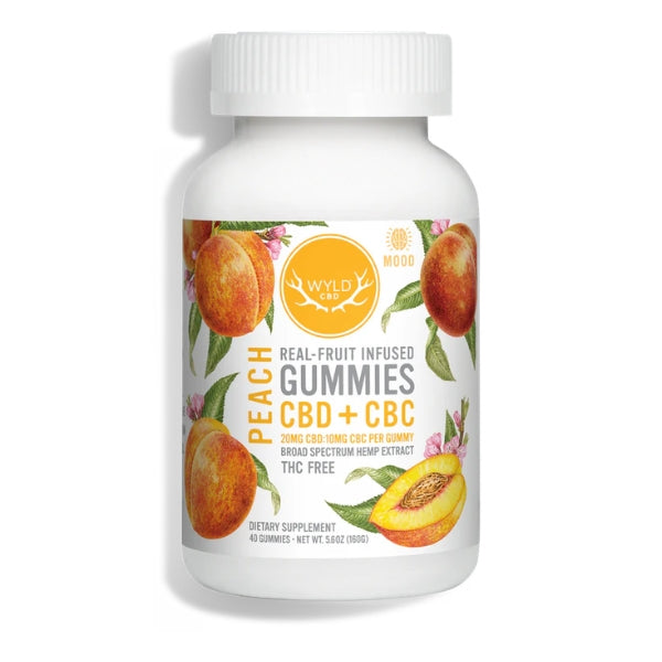 Bottle of WYLD Peach CBD + CBC Gummies on a white background