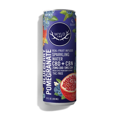 Wyld CBD CBN Blueberry Pomegranate sparkling water can on a white background