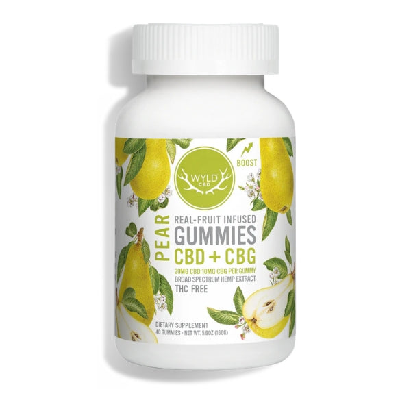 Bottle of Wyld CBD + CBG gummies with pear flavor on a white background