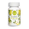Bottle of pear-flavored CBD and CBG gummies on a white background