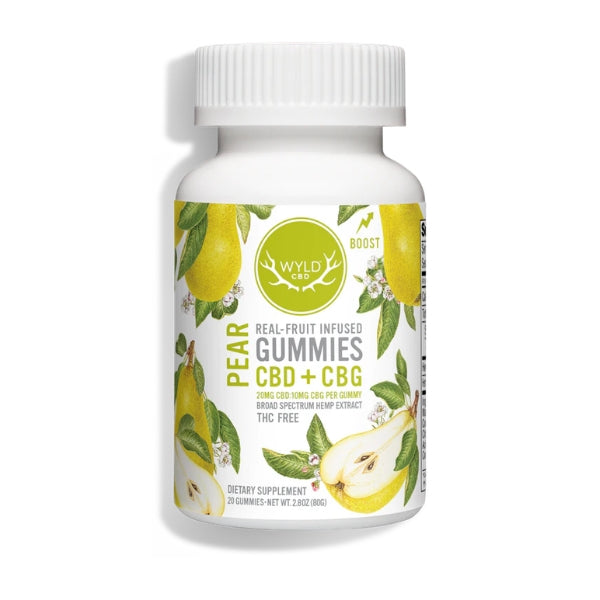 Bottle of pear-flavored CBD and CBG gummies on a white background