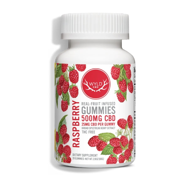 Bottle of Wyld CBD gummies with raspberry flavor on a white background