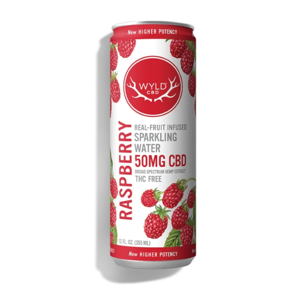 Can of WYLD CBD Raspberry Sparkling Water on a white background