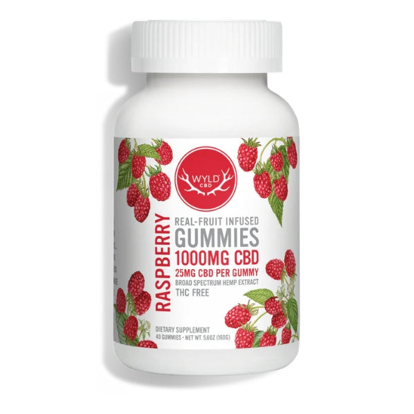 Container of raspberry-flavored CBD gummies with WYLD logo on a white background