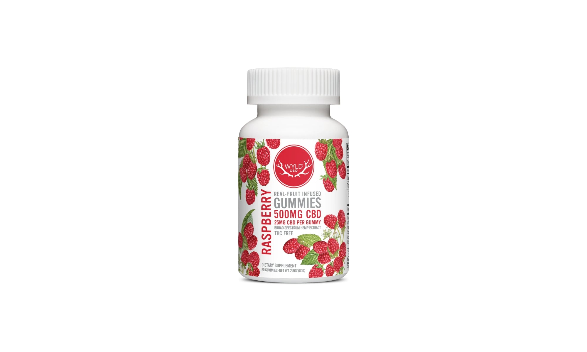 Bottle of raspberry gummies with visible branding on a white background